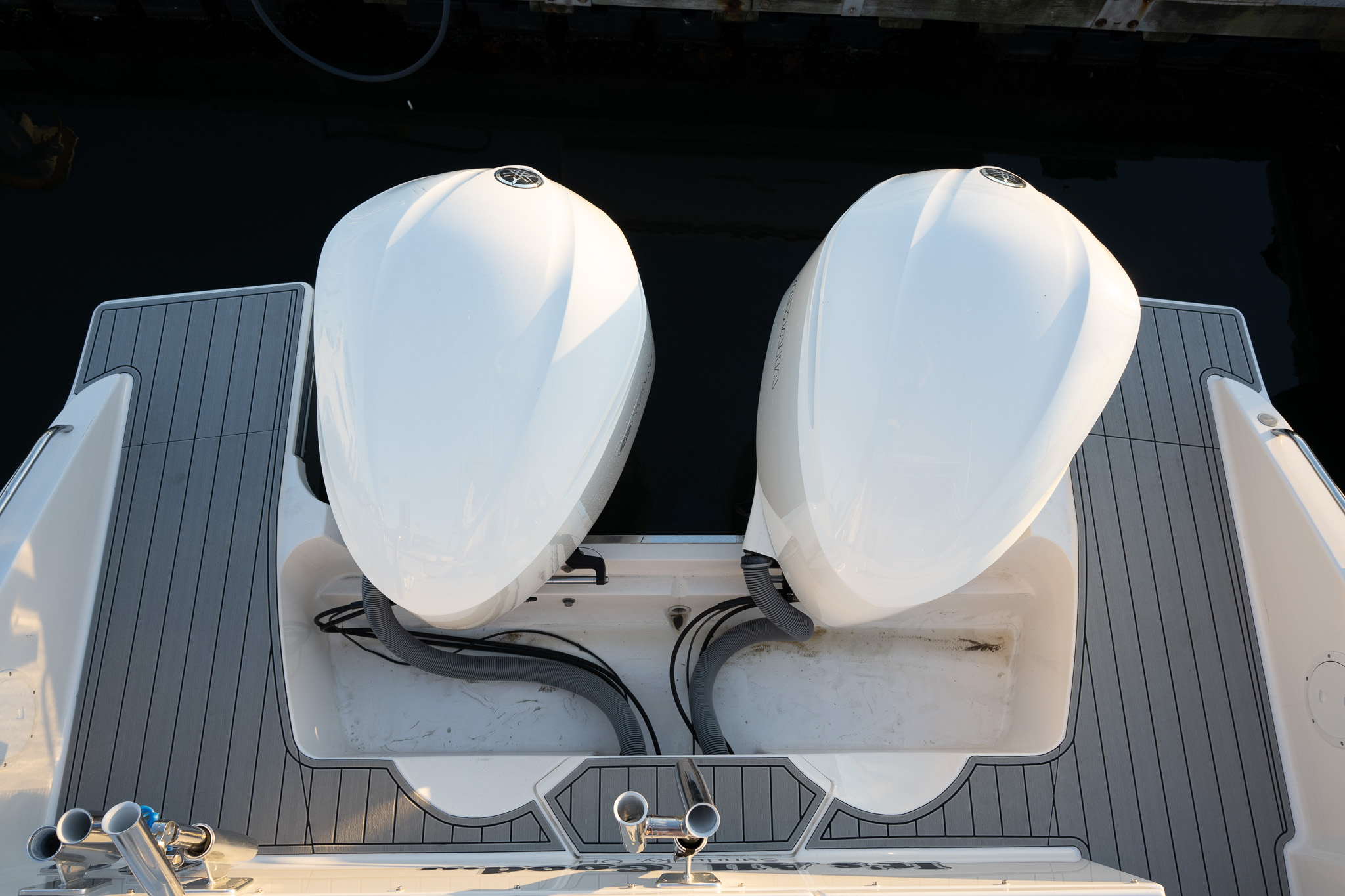 Pursuit EVA flooring twin Yamaha engines close view